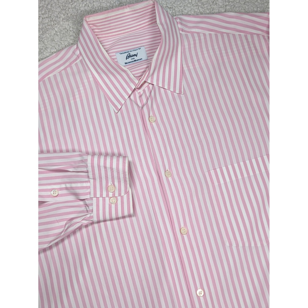 Brioni Mens Dress Shirt XXL Pink White Stripe 100% Cotton Long Sleeve Italy